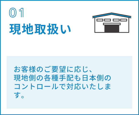 01現地取扱い　お客様のご要望に応じ、 現地側の各種手配も日本側のコントロールで対応いたします。